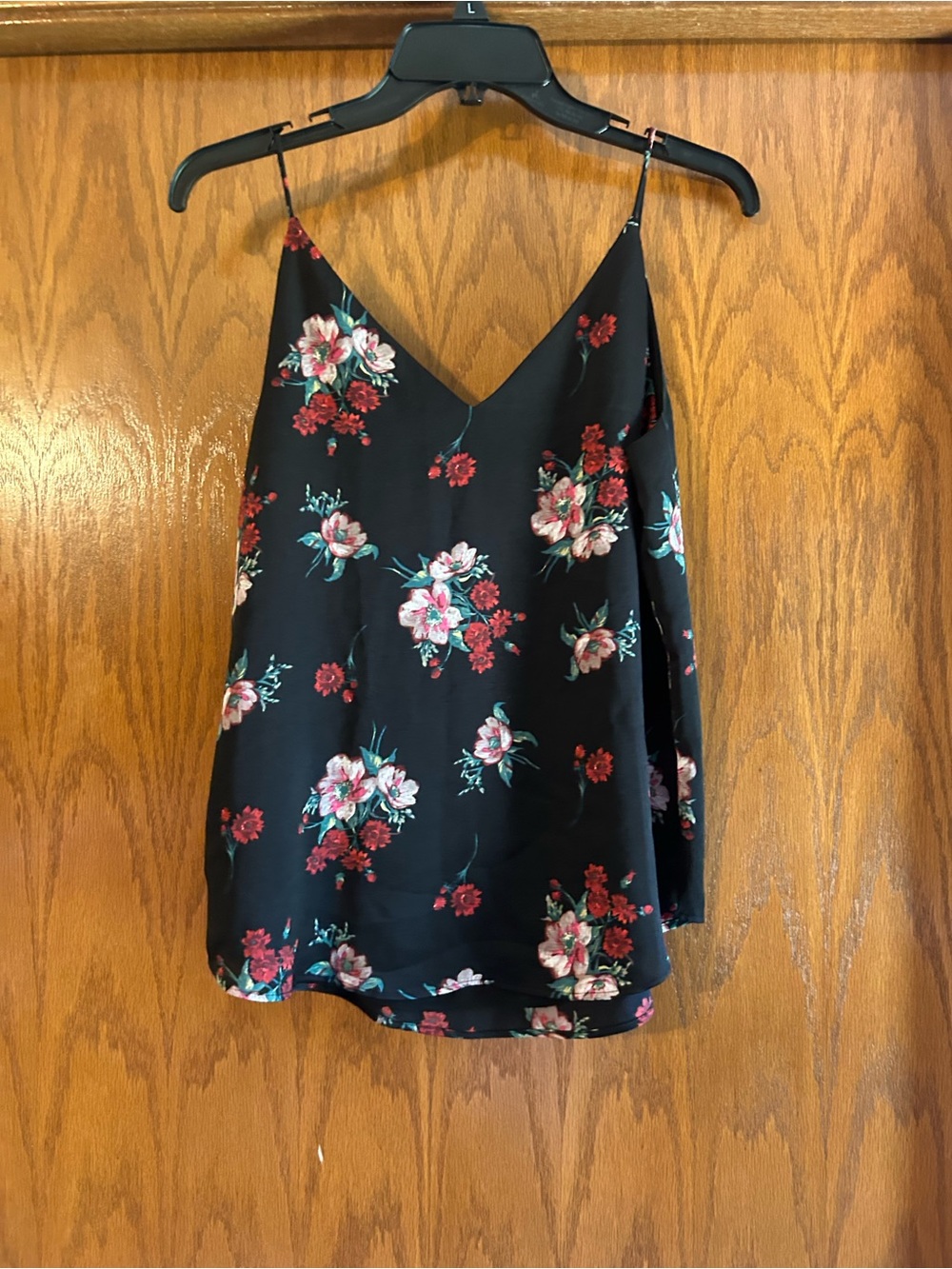 Express Black Floral V-Neck Camisole with Pink & Red Flowers